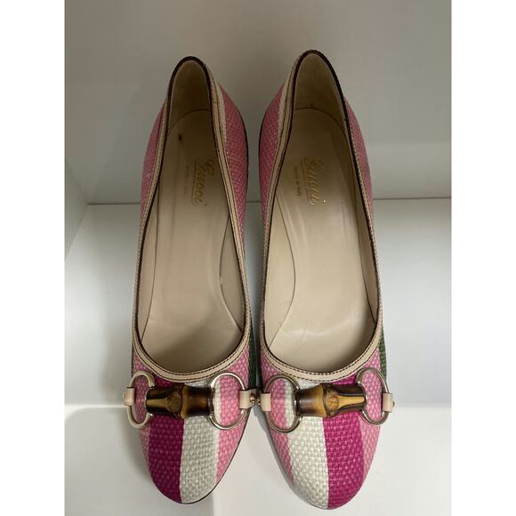Gucci Shoes - Gucci Multicolor Stripe Woven Heels with Bamboo Detail Size 38,5